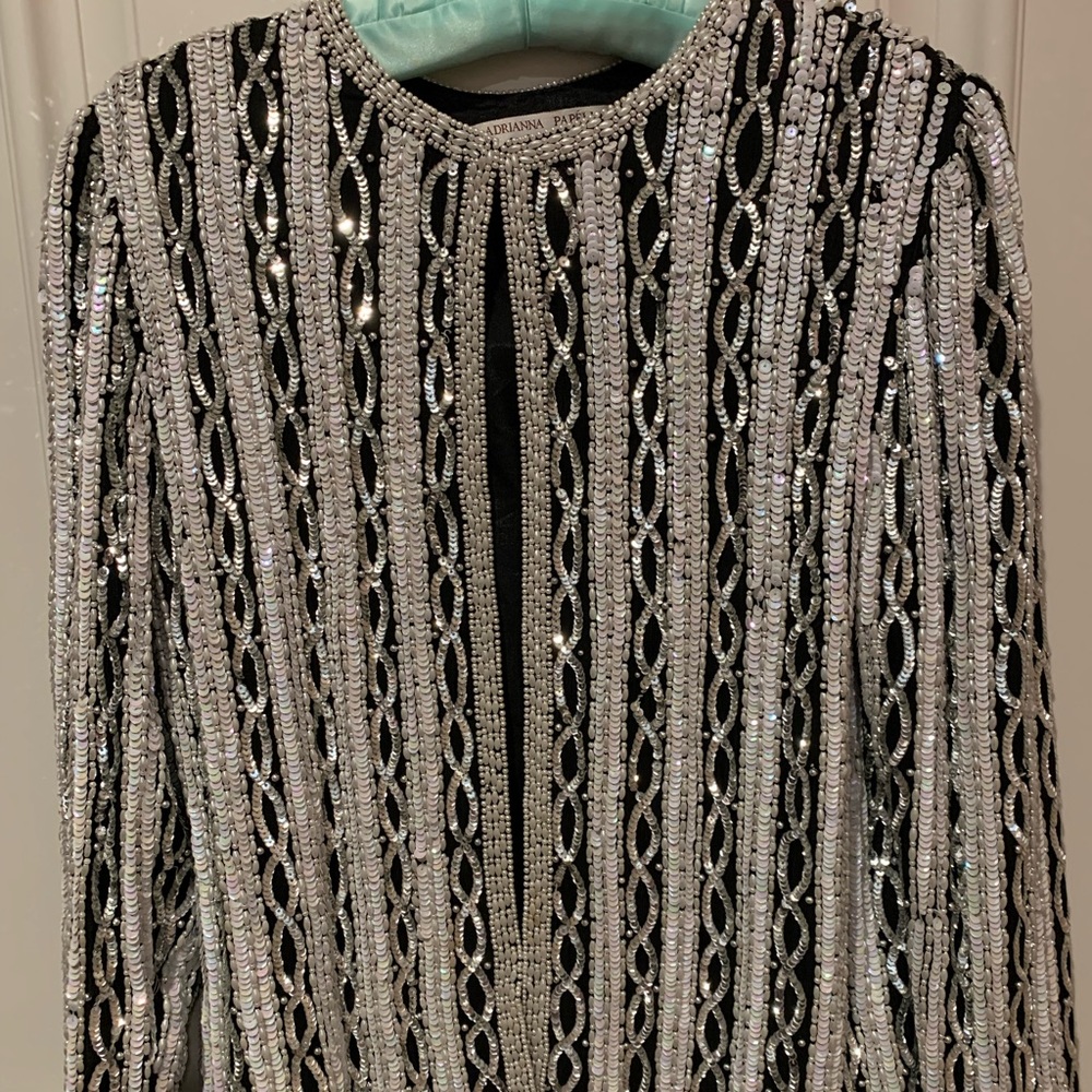 Elegant heavily-beaded black Adrianna Pappel evening jacket